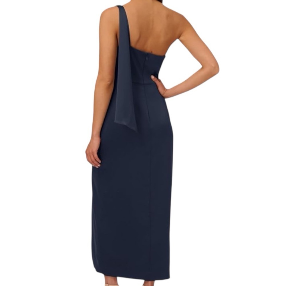 NWT ADRIANNA PAPELL Dark Navy One Shoulder Pleated Bodice Lined Dress Size 10 - Picture 4 of 6